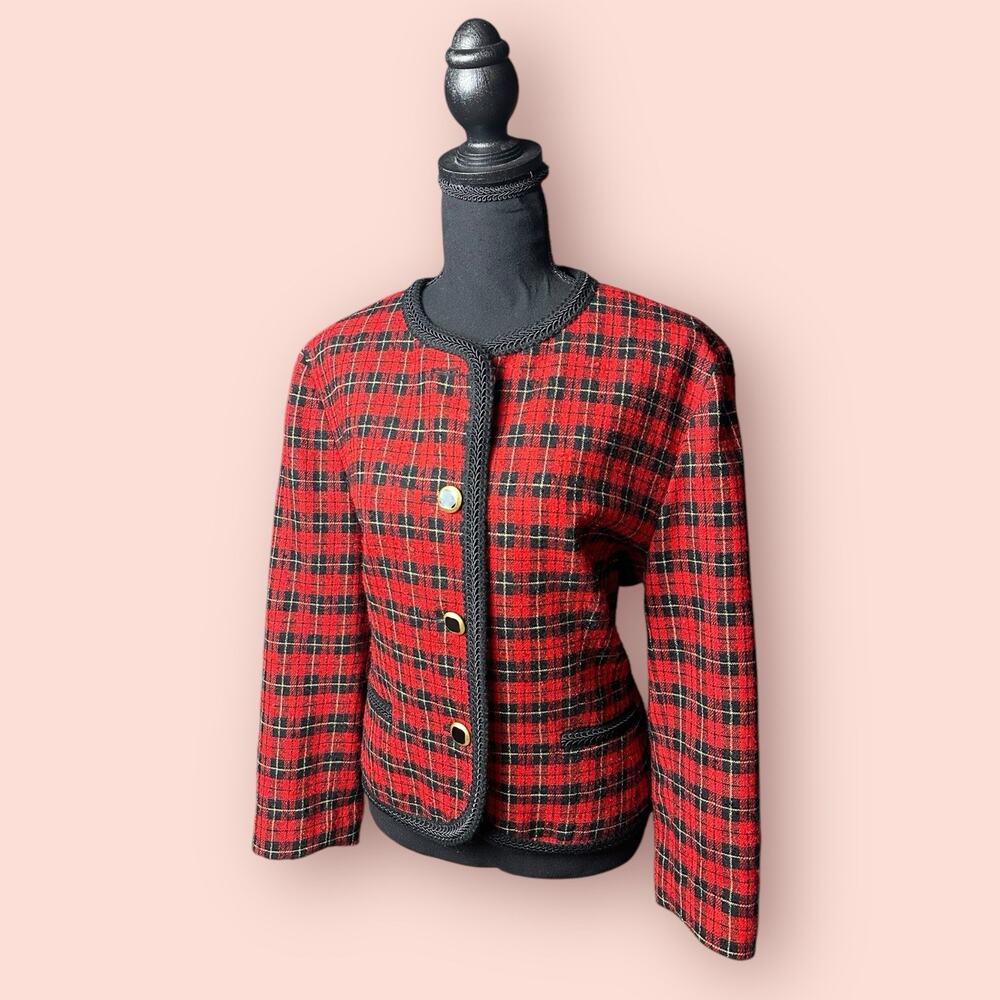 Vtg PENDLETON sz 14 Petite Tartan Plaid Red Black 100% wool blazer Jacket Preppy